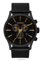 mirar educacion fisica Nixon crono centinela de cuero negro mate/dorado/negro 86XRT107